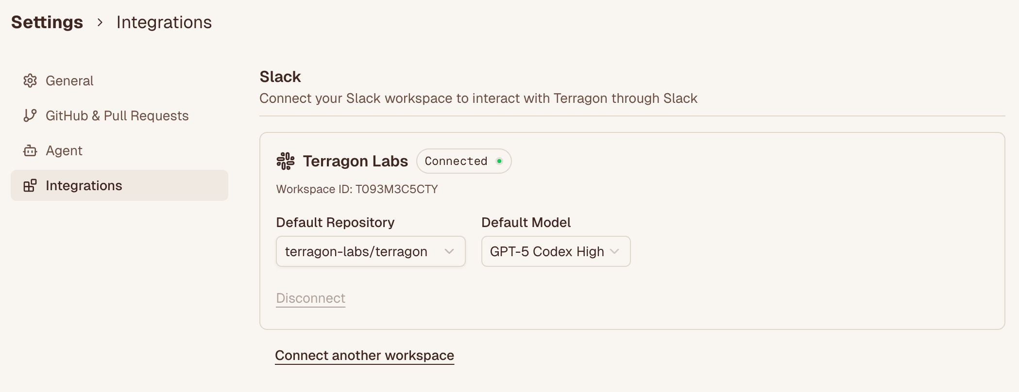 Slack integration settings